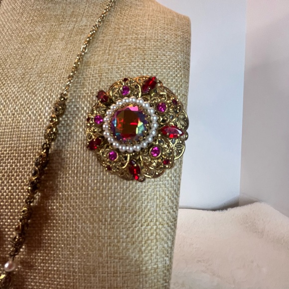 Western Germany Gold, Red Crystal, Pearl Necklace, Brooch, and Earrings - Picture 2 of 12